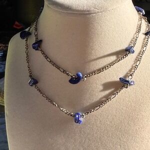 VTG Lapis Lazuli Stone Chip 14" Necklace, Silver Chain,‎ Beaded,Boho Chic